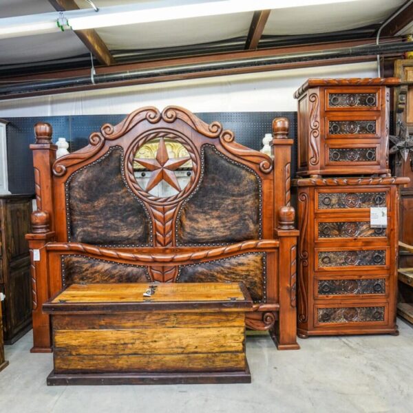 Texas Star with dark brindle cowhide custom bedroom King set